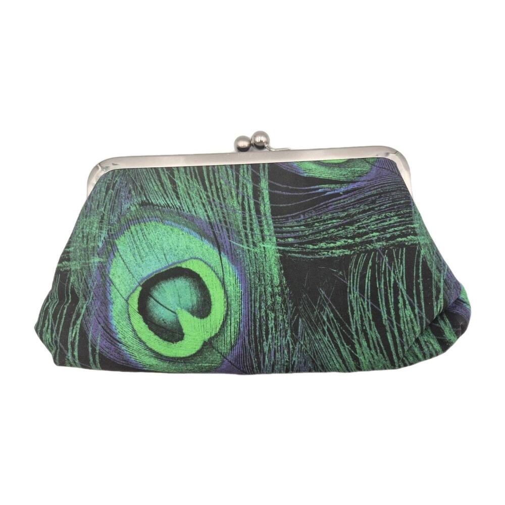 Peacock Feather Print Clutch Purse Purple Interior Kiss Lock Frame 10x5x3